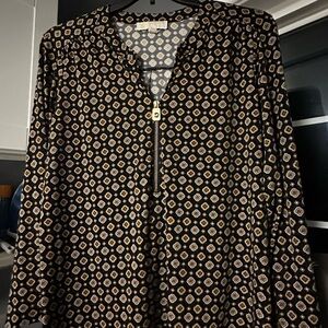 Michael Kors Brown and White Buttoned Blouse with Mandarin Collar